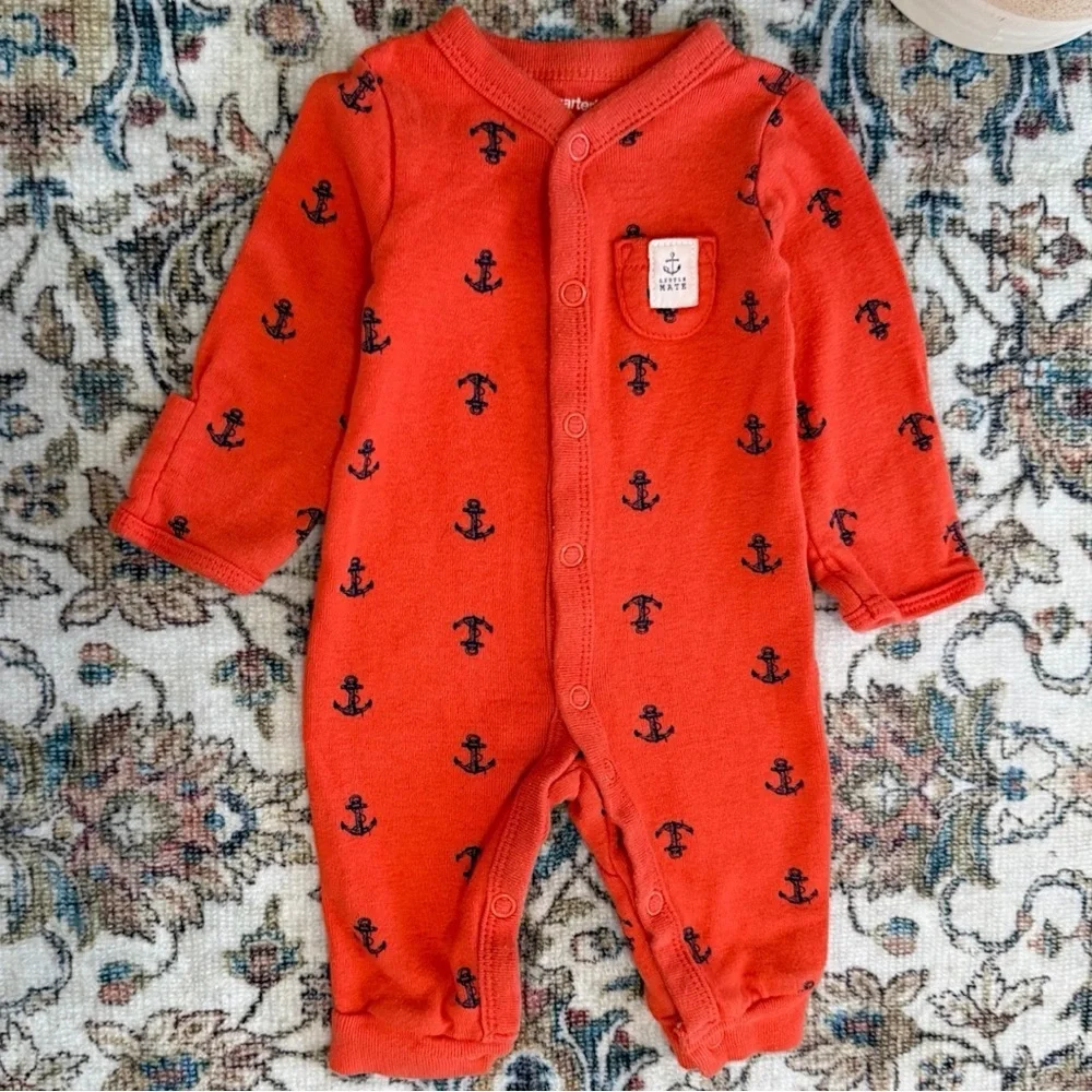 Y2K Carter’s Newborn Nautical Anchor Print Button Snap Romper One Piece Footless